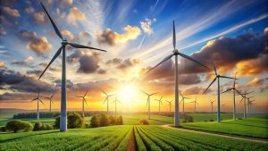 Visuele illustratie van de reis naar duurzaamheid met stapels groene initiatieven en hernieuwbare energiebronnen